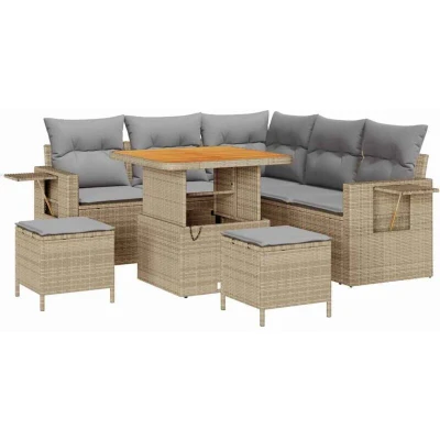 Image of vidaXL 8 Piece Garden Sofa Set with Cushions Beige Poly Rattan Acacia