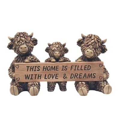 Image of Lesser &amp; Pavey Hughie Highland Cow Bronze Effect Ornament with Message Home or Love Meaningful Quote House Decoration Gift (Home)