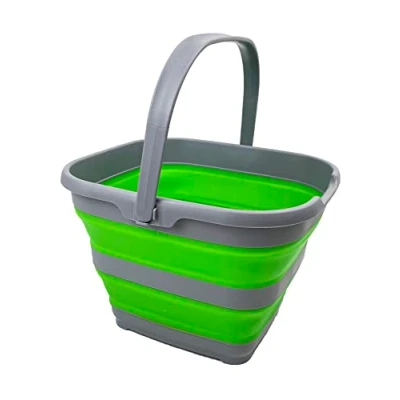 Image of SAMMART 10L Collapsible Rectangular Handy Basket/Bucket (Grey/Bamboo Green)