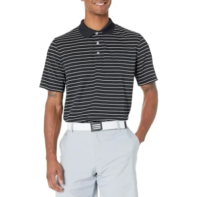Image of Amazon Essentials Men&#039;s Regular Fit Quick Dry Golf Polo Shirt Discontinued Colours, Black Stripes, XS