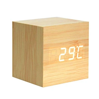Image of Lancoon Wooden Alarm Clock Mini Cube LED Digital with Time/Date/Temperature Display, 3 Levels Brightness and Voice Control Great for Home Office Travel AC10Yellow_White