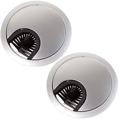 Image of 2X Satin Chrome Desk Grommets (80mm) with Brush Computer Table Surface Cable Tidy Management