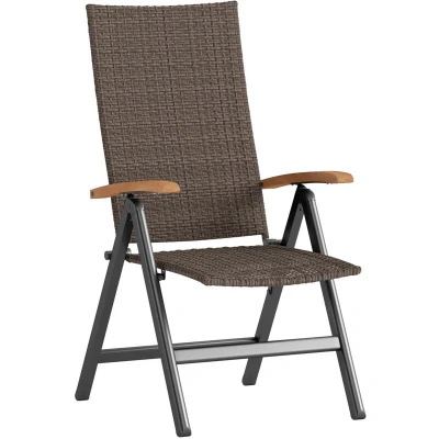 Image of Outsunny Outdoor Folding Dining Chair, PE Rattan Chair with Armrests, High Backrest, for Garden, Camping, Balcony, Porch, Brown