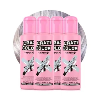 Image of Crazy Color Metallic Platinum Semi Permanent 4 Pack Quad Hair Dye. Highly Pigmented Purple Toner Conditioning &amp; Oil Nourishing Vegan Formula No Bleach or Ammonia 400ml