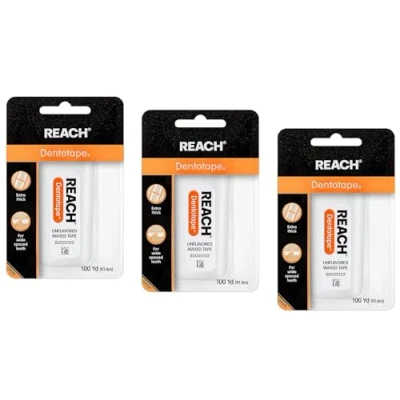 Image of Reach Dentotape Waxed Dental Floss with Extra Wide Cleaning Surface for Large Spaces Between Teeth, Unflavored, 100 Yards (Pack of 3)