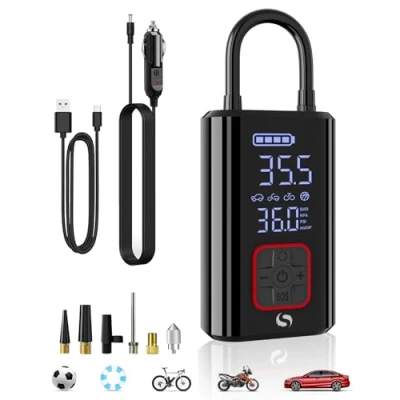 Image of SERVOMASTER Tyre Inflator Air Compressor, 150PSI Portable Compressor with Pressure Gauge Cordless Car Pump, 12V DC Digital for Cars, Bicycles, Motorcycles, Accessories