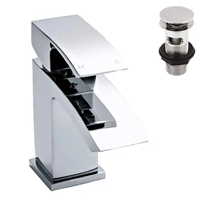 Image of nuie TSI305 Vibe Modern Bathroom Square Lever Handle Midi Mono Basin Mixer Tap with Push Waste, 55 x 180 134mm, Chrome