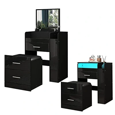 Image of AWOOOD Black Dressing Table Vanity Set with LED Lights Flip Up Mirror Makeup Desk 3 Drawers &amp; Cushioned Stool for Bedroom Living Room