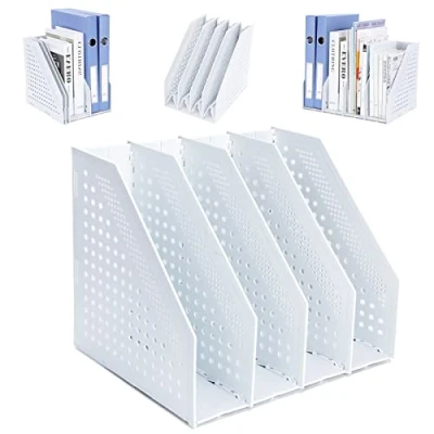 Image of FRETONBA Magazine Rack Folding Bookshelf, File Holder Vertical with 4 Compartments, Book for Office Storage and Organiser, Desktop Bookshelf School, Library, Office, Light Grey