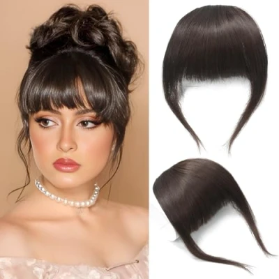 Image of Thick Hair Bangs Clip in Fringe Human Bang Real Extension Unprocessed Fringe, Dark Brown Color,