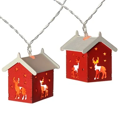 Image of WeRChristmas Reindeer Wooden House Light String with 10 LED Red