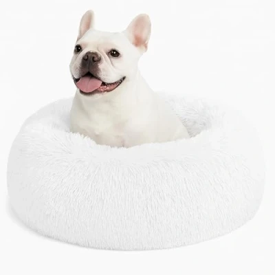 Image of SEOUGEE Calming Donut Dog Bed, Fluffy Plush Round Cat Cosy Soft Washable Cushion Self Warming Pet Beds with Non Slip Bottom, Indoor Sleeping Cuddler Nest for Small Medium Dogs (Cream 60cm)