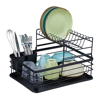 Image of Dish Drainer Rack, Metal, hwd 18 x 42.5 31.5 cm, Plate Drying Stand, for the Kitchen, Crockery Holder, Black Relaxdays