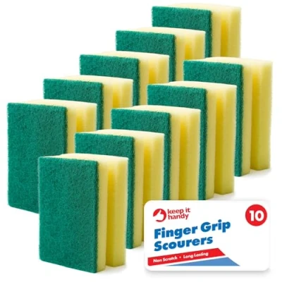 Image of 10pk Heavy Duty Sponge Scourer with Finger Grip Sponges Washing Up Scourers Kitchen Dish Cleaning for and Bathroom + SOL Sticker
