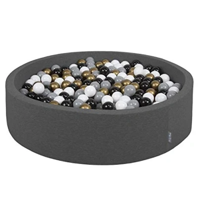 Image of KiddyMoon Soft Ball Pit Round 120X30cm/200 Balls ∅ 7Cm / 2.75In For Kids, Foam Pool Baby Playballs Children, Made In The EU, Dark Grey:White Grey Black Gold