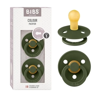 Image of BIBS Colour Soother 2 Pack, BPA Free Dummy Pacifier, Round Nipple. Natural Rubber Latex, Made in Denmark, Size 1 (0 6 Months), Hunter Green