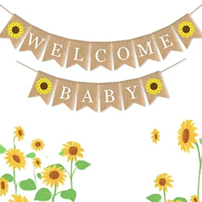 Image of SWSATYW Burlap Welcome Baby Banner with Sunflower Shower Supplies Garland Decoration