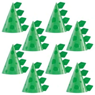 Image of Dino Riffic Blue &amp; Green Party Hats (20cm x 27cm) Fun Vibrant Dinosaur Themed Celebration Accessory for Kids 8ct