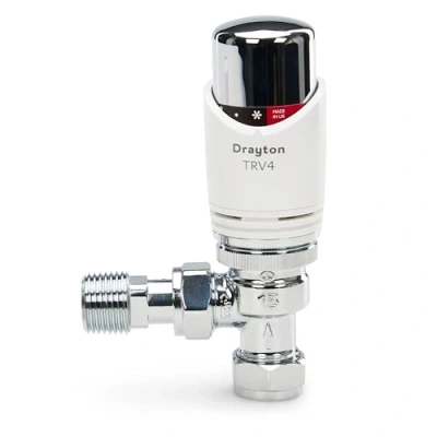 Image of Drayton TRV4 Classic Angled Thermostatic Radiator Valve TRV 07 05 150 White Chrome 15mm x 1/2&quot; Thermostat