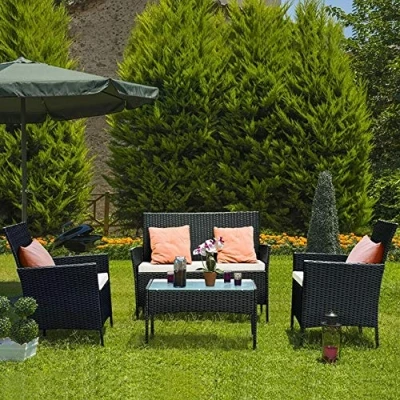 Image of bigzzia Rattan Garden furniture Set, 4 piece Patio Sofa Weaving Wicker includes 2 Armchairs,1 Double seat and 1 table