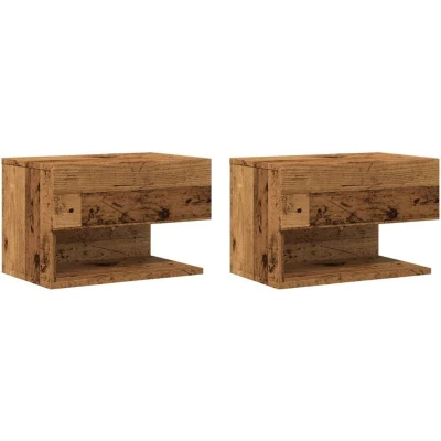 Image of vidaXL Wall Mounted Bedside Cabinets Set of 2 Floating Nightstands Old Wood Bedroom Storage Units Engineered 46x29.5x30cm Space Saving Max Load Capacity 50kg