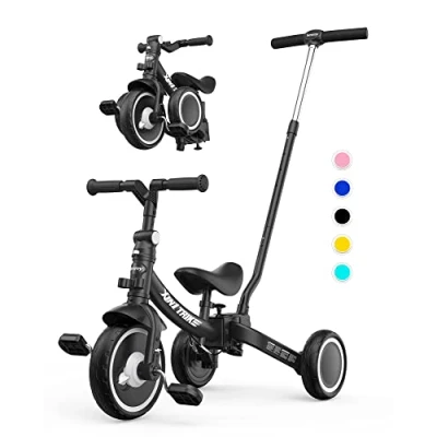 Image of besrey 7 in 1 Toddler Tricycle with 5 Height Parent Steering Push Handle for Years Old, Foldable Kids Trike, Bike Wheel Clutch, Larger Wheels, Removable Pedals, Adjustable Seat, Black