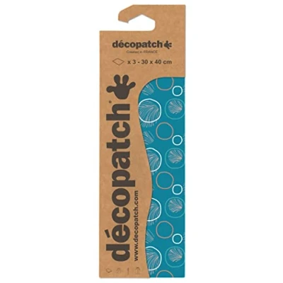 Image of Décopatch Ref C858C Blue Circles &amp; Feather Pattern Paper Pack Each Sheet 30 x 40cm, of 3 Sheets Best Used With Décopach Glue Varnish,