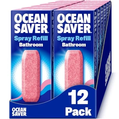Image of OceanSaver Eco Multi Surface Bathroom Cleaner 12x 750ml Refills Powerful Just Add Water Toilet, Sink &amp; Shower Watermark Cleaning Spray Plant Based, Plastic Cruelty Free Pomegranate Scent