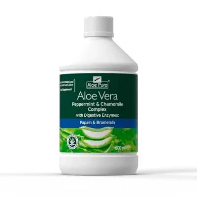 Image of Aloe Pura Vera Peppermint &amp; Chamomile Juice, Natural, Vegan, Cruelty Free, Digestive Enzymes, Papian Bromelain, Food Supplement, 500 ml