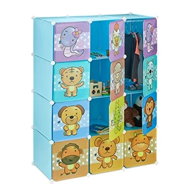 Image of Relaxdays Children’s Modular Shelf, Cute Animal Prints, Plastic System, Doors, Wardrobe, Clothes Rails, Blue