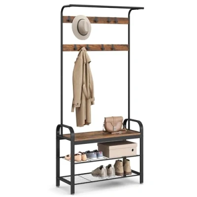 Image of VASAGLE Coat Rack, Stand with Shoe Storage Bench, 4 in 1 Design, 9 Removable Hooks, a Clothes Rail, for Hallway, Entrance, 33.7 x 84 183 cm, Industrial, Rustic Brown and Black HSR400B01