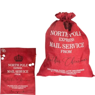 Image of SHATCHI Extra Large Santa Sack 60x80 cm Hessian Red North Pole Express Mail Service Stocking Gift Bag with Drawstring, Christmas Accessories