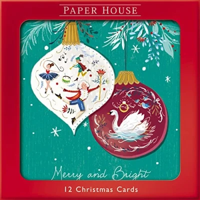 Image of Box of 12 Merry &amp; Bright Baubles Christmas Cards in Same Design Boxed Xmas XOS0006