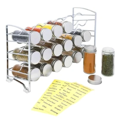 Image of Amtido Spice Rack Storage 3 Tier Free Standing Organiser With 18 Empty Glass Jar Bottles and 48 Labels Inside Kitchen Cupboard Pantry for Herbs Spices Tidy Metal Chrome