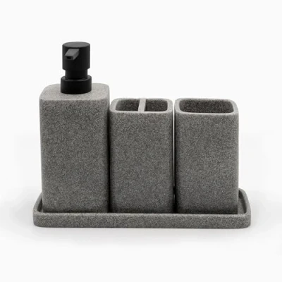 Image of zccz Bathroom Accessory Set 4 Pieces Organiser with Toothbrush Holder, Soap Dispenser, Tumbler and Tray Decor Grey Matte Accessories Organizer