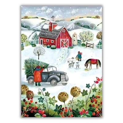Image of Christmas Cards Pack of 8 Artistic Countryside Scene Winter on the Farm Festive Design by Deva Evans Made in UK Eco Friendly