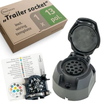 Image of fouraces trailer socket 13 pin, template for pin plug cars, vehicles, hitch, accessories, car towbar, caravan, boat and motorcycle trailer, black