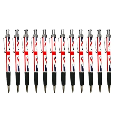 Image of LILAJ Set of 12 Union Jack Flag Retractable Ballpoint Pens Souvenir &amp; Stationery Patriotic Writing Instruments for Office, School, and Gifts Party Decoration