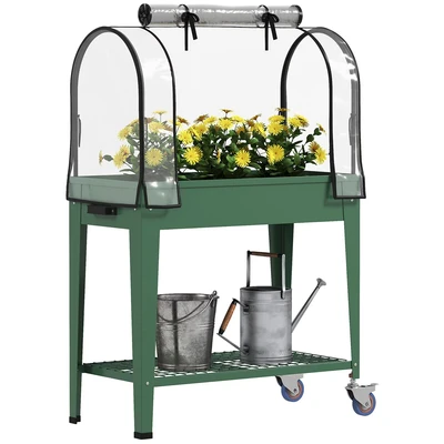 Image of Outsunny Mobile Raised Garden Bed with Greenhouse Cover Green 84H 034V00GN