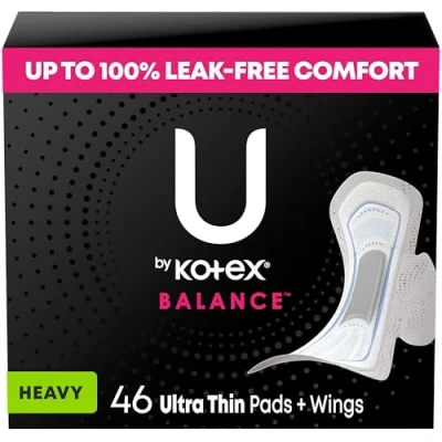 Image of U by Kotex Balance Ultra Thin Pads with Wings, Heavy Absorbency, 46 Count (Packaging May Vary)