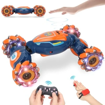 Image of AOUGO Gesture Sensing RC Stunt Car with Light &amp; Music 360 Rotation Drift Hand Controlled Remote Control Twist 2.4Ghz 4WD Indoor/Outdoor Rechargeable Off Road Vehicle, Boy Toys (Lava Orange)
