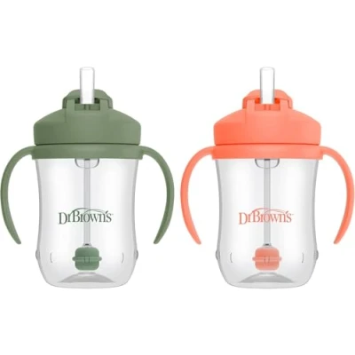 Image of Dr. Brown&#039;s Milestones, Baby&#039;s First Straw Cup Sippy with Straw, 6m+, 9oz/270ml, 2 Pack, Coral &amp; Olive Green, BPA Free