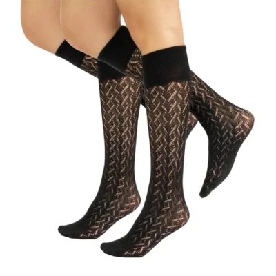 Image of CALZITALY Women Knitted Crochet Knee High Socks with Ribbed or Chevron Pattern Black, Blue, Bordeaux, Grey, Brown, Beige Made in Italy (2 X One Size)