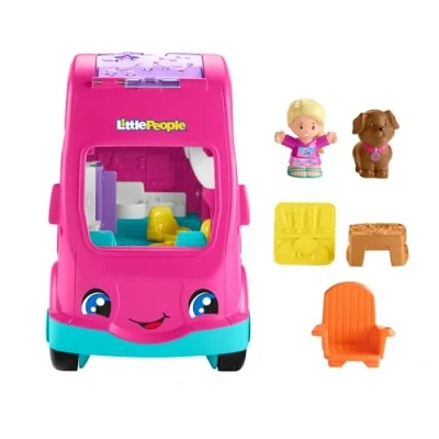 Image of Fisher Price Little People Toddler Toy Barbie Dreamcamper RV Playset with Music Lights &amp; 2 Figures for Ages 18+ Months, Multilanguage Version, HYR86