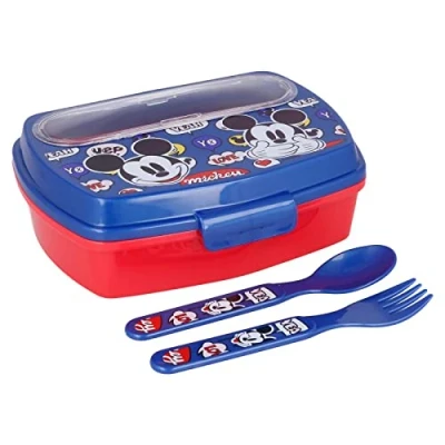 Image of OM SUPPLIES Mickey Cartoon Characters Children Lunch Sandwich Box Container with Plastic Spoon and Fork, Great for School or Picnic (Mickey)