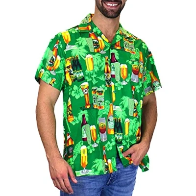 Image of V.H.O. Funky Hawaiian Shirt, Shortsleeve, Beerbottle, Green, M
