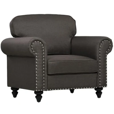 Image of HOMCOM Armchair, Fabric Accent Chair with Nailhead Trim Rolled Arms and Slatted Wood Frame, Upholstered Lounge for Living Room, Bedroom, Home Office, Dark Brown