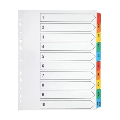 Image of indigo® Dividers, Extra Wide A4+, Index Multipunched Mylar Reinforced Multicolour Tabs White (1 10, Pack of 25)