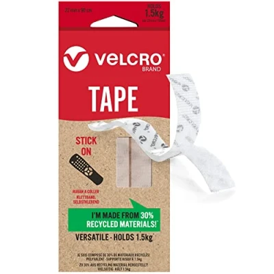 Image of VELCRO Brand Eco Stick On Tape Cut to Length Strong Hook &amp; Loop Self Adhesive Sticky Perfect for Room Décor Home, Office, Garage Use White 22mm x 90mm