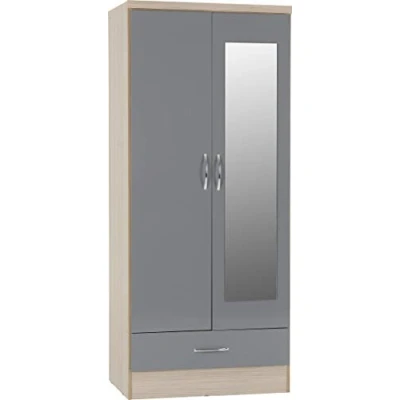Image of Seconique Nevada Mirrored 2 Door Wardrobe in Grey Gloss/Light Oak Effect Veneer